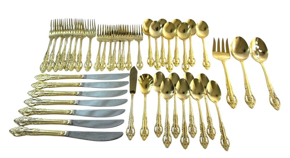 Vintage 44 Pc 24K Gold Plated Korea Flatware Set Ornate Rose Pierced